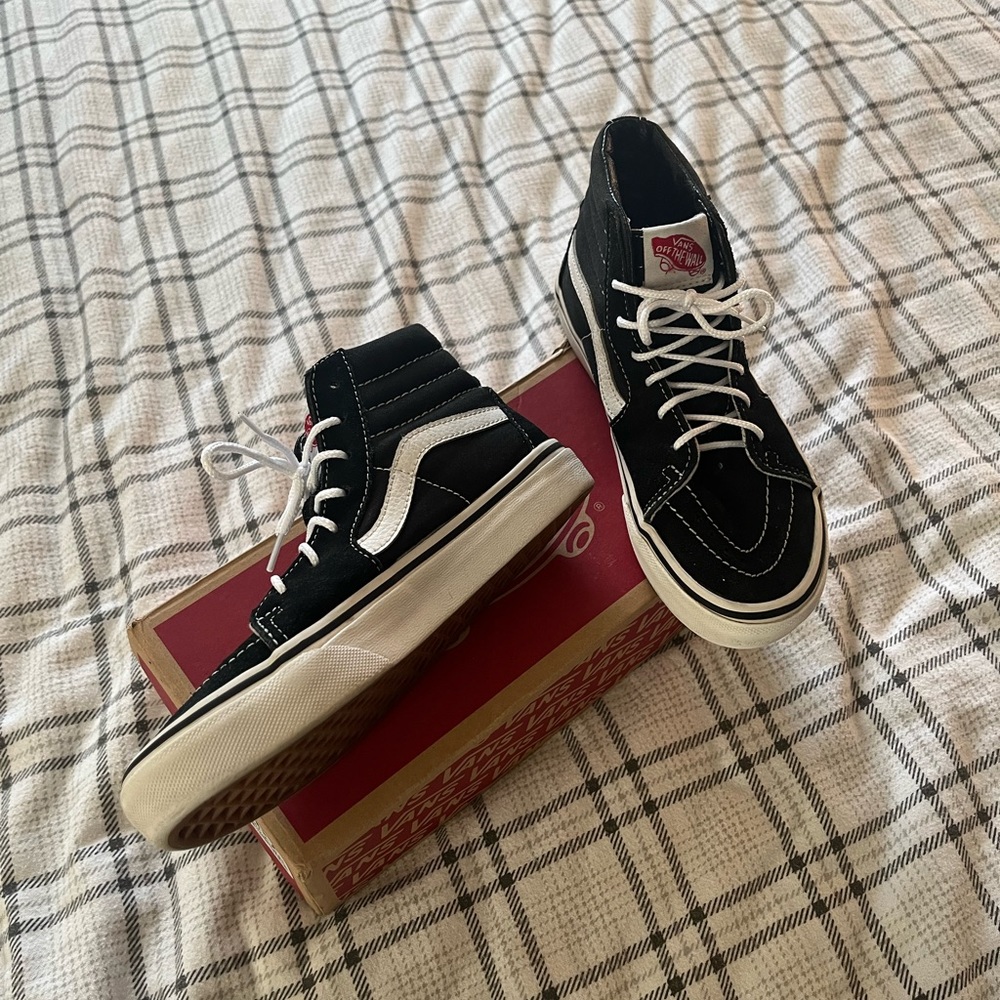 Vans Sk8-Hi High Top Sneakers Black White Suede Canvas Skate‎ Shoes Original Box